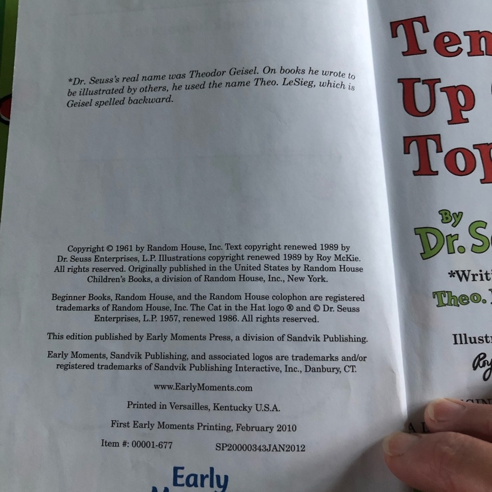 Dr Seuss "Ten Apples Up On Top" Early Moments printing 2010 - Picture 6 of 13